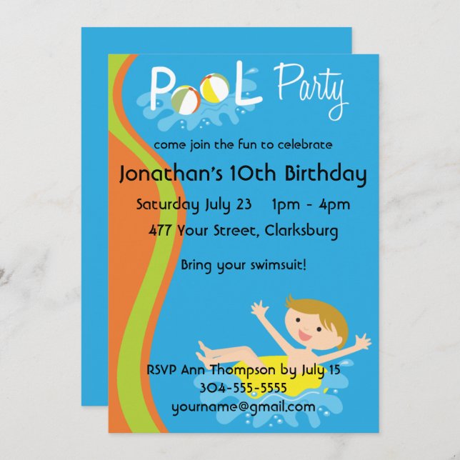 Pool-Party-JungeRedhead Einladung (Vorne/Hinten)