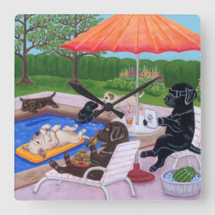 Pool Party Labradors 2 Painting Quadratische Wanduhr