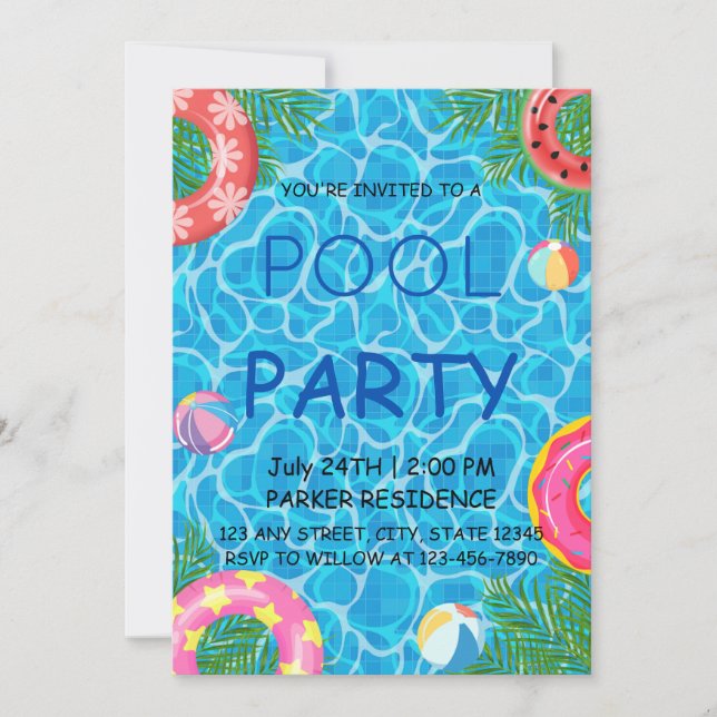 Pool Party mit farbenfrohen Beach Balls & Pool Rin Einladung (Vorderseite)