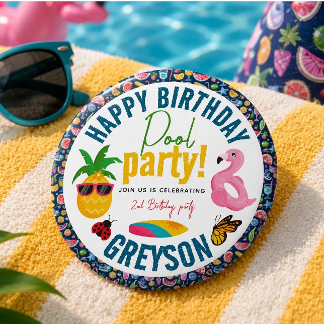 Pool-Party | Modern Summer Themed Birday Party Button (Pool Party | Modern Summer Themed Birthday Party Button)