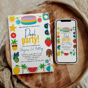 Pool-Party   Modern Summer Themed Birday Party Einladung