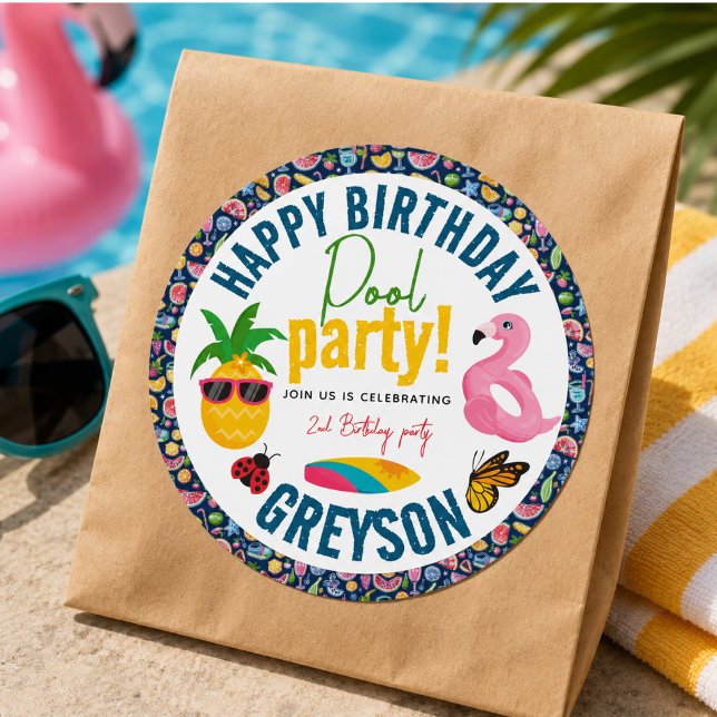 Pool-Party | Modern Summer Themed Birday Party Runder Aufkleber (Pool Party | Modern Summer Themed Birthday Party Classic Round Sticker)