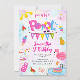 Pool Party | Modern Summer Themed Birthday Party Einladung