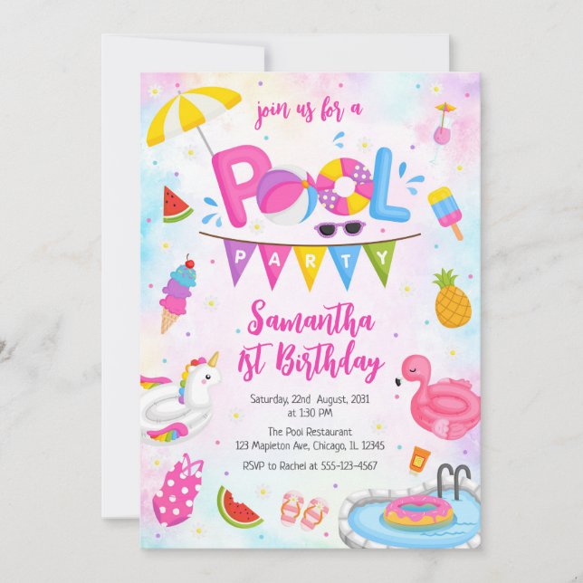Pool Party | Modern Summer Themed Birthday Party Einladung (Vorderseite)