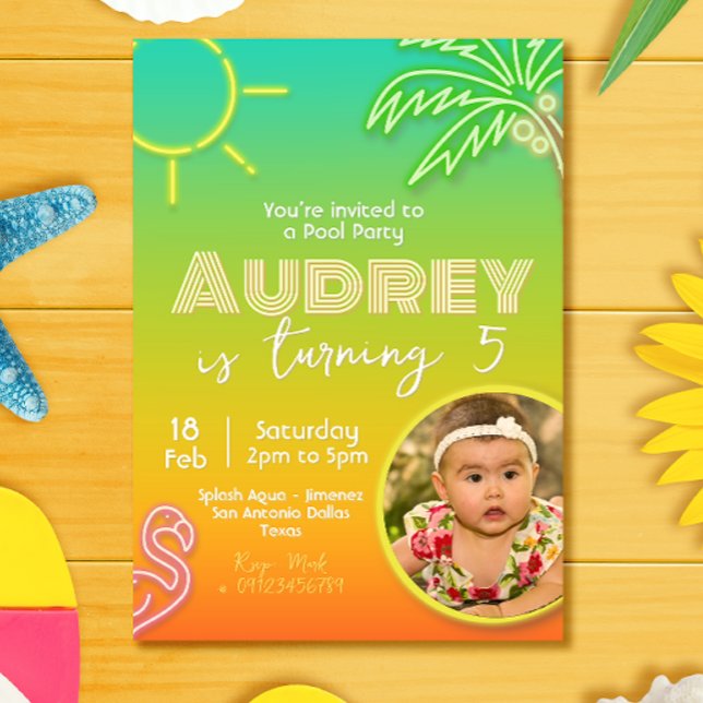 Pool Party Neon - Tropical - Aloha mit Bild Einladung (Pool Party Tropical Neon Invitation with Photo)