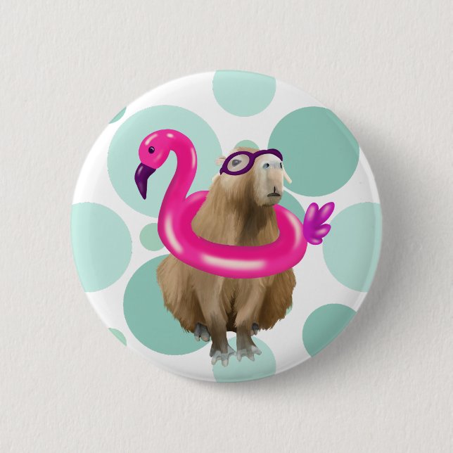 Pool Party Niedlich Capybara mit rosa Flamingo Flo Button (Vorderseite)