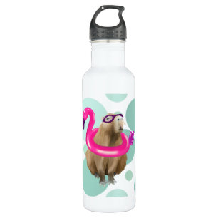 Pool Party Niedlich Capybara mit rosa Flamingo Flo Edelstahlflasche