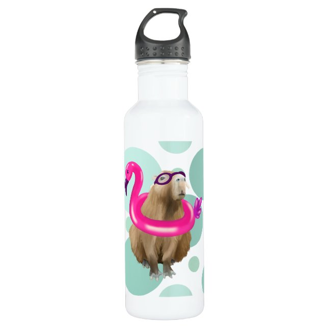 Pool Party Niedlich Capybara mit rosa Flamingo Flo Edelstahlflasche (Vorderseite)