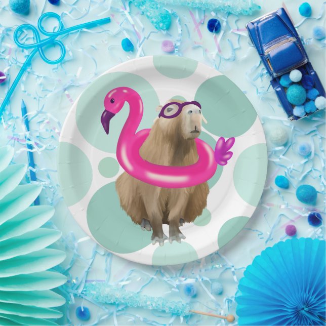 Pool Party Niedlich Capybara mit rosa Flamingo Flo Pappteller (Party)