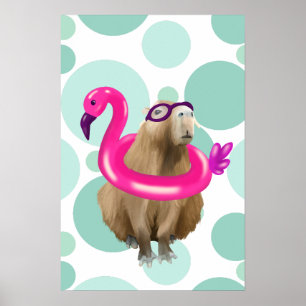 Pool Party Niedlich Capybara mit rosa Flamingo Flo Poster