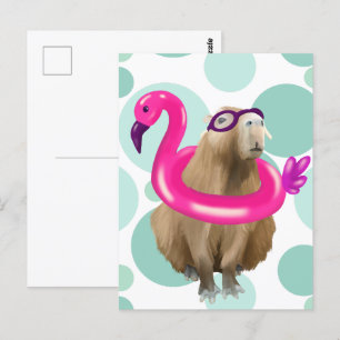 Pool Party Niedlich Capybara mit rosa Flamingo Flo Postkarte