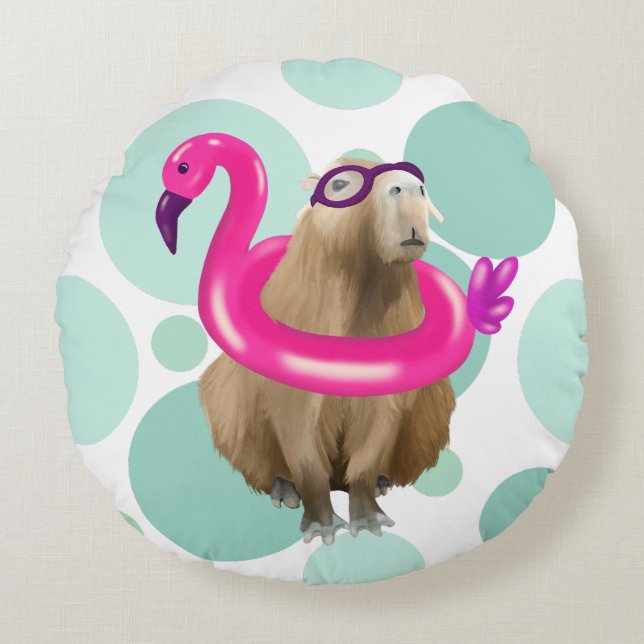 Pool Party Niedlich Capybara mit rosa Flamingo Flo Rundes Kissen (Vorderseite)