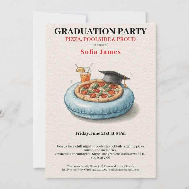 Pool Party Pizza Graduation Celebration Invitation Einladung (Vorderseite)