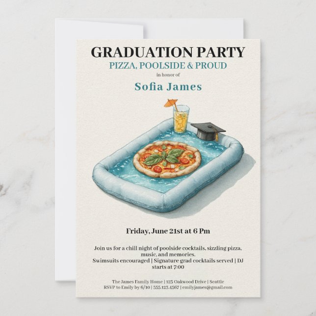 Pool Party Pizza Graduation Celebration Invitation Einladung (Vorderseite)