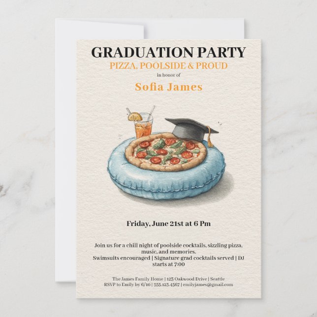 Pool Party Pizza Graduation Celebration Invitation Einladung (Vorderseite)