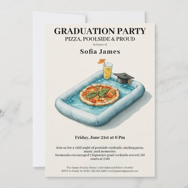 Pool Party Pizza Graduation Celebration Invitation Einladung (Vorderseite)