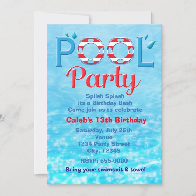 POOL PARTY Roter Geburtstag Typografie Swim Einlad Einladung (Vorderseite)