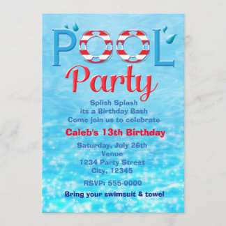 POOL PARTY Roter Geburtstag Typografie Swim Einlad Einladung