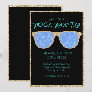 Pool Party Schwarze und goldene Glitter-Sonnenbril Einladung