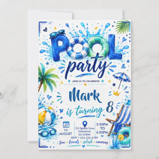 Pool Party Schwimmen Sommer Jungen Geburtstag  Einladung