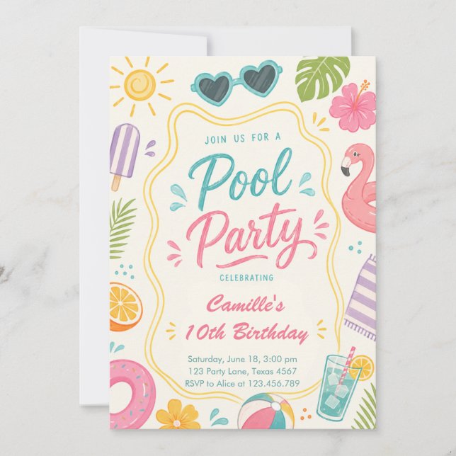 Pool Party Sommer Geburtstag Einladung (Vorderseite)