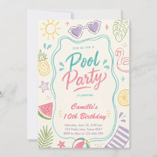Pool Party Sommer handgezeichneter Geburtstag Einladung