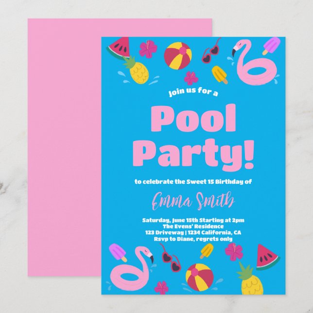 Pool Party Sommergeburtstag Einladung (Vorne/Hinten)