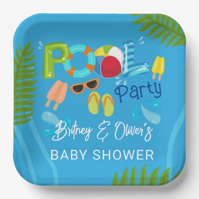 Pool Party Summer Boy Baby Dusche Pappteller (Vorderseite)