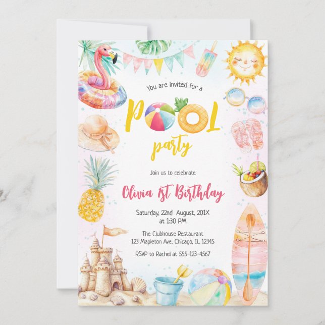 Pool Party Summer Theme Birthday Party Invitation Einladung (Vorderseite)