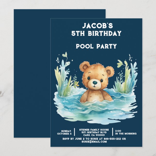Pool Party Teddy Bear Boys Birthday Invitations Einladung (Vorne/Hinten)