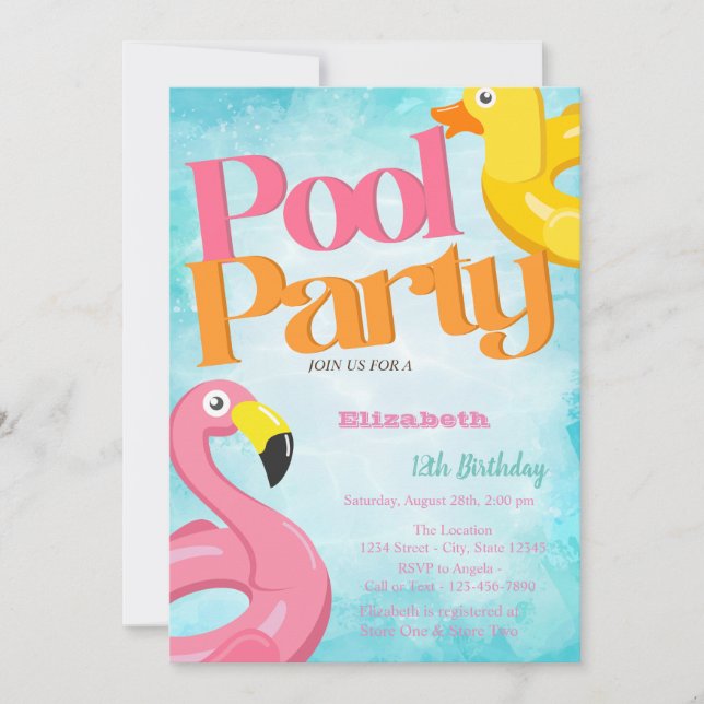 Pool Party Toys Flamingos Geburtstag Einladung (Vorderseite)