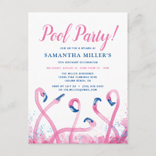 Pool-Party   Tropical Blue Pink Flamingo Geburtsta Postkarte