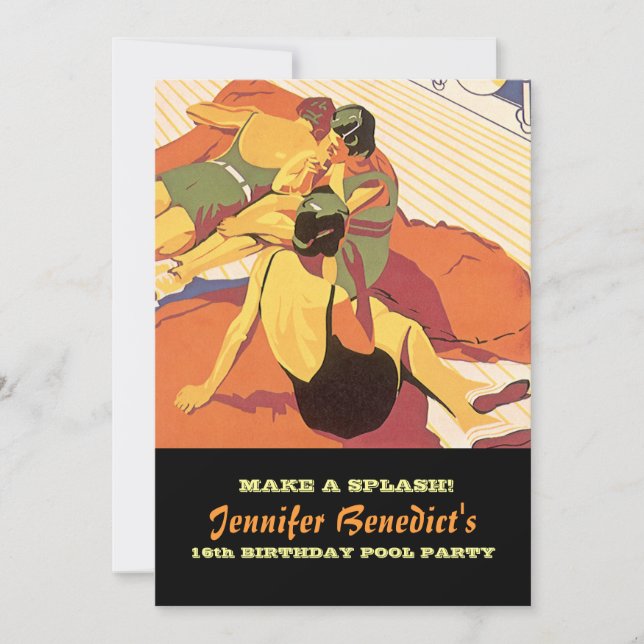 Pool-Party Vintage Illustration individuelle Einla Einladung (Vorderseite)