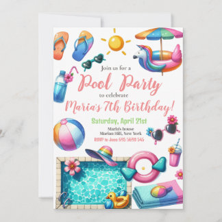 Pool Party Watercolor Sommer Thema Geburtstag Einladung
