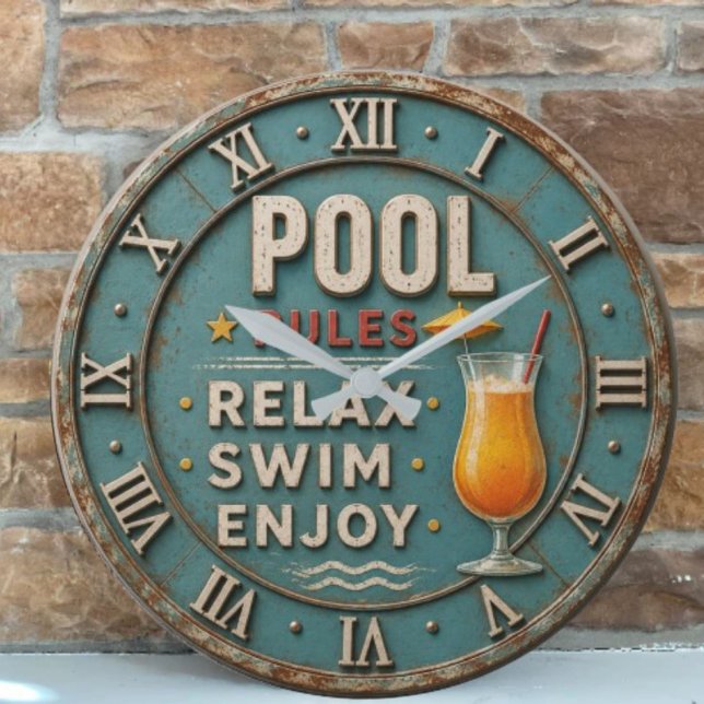 Pool Rules Swimming  Decor  Große Wanduhr (Von Creator hochgeladen)