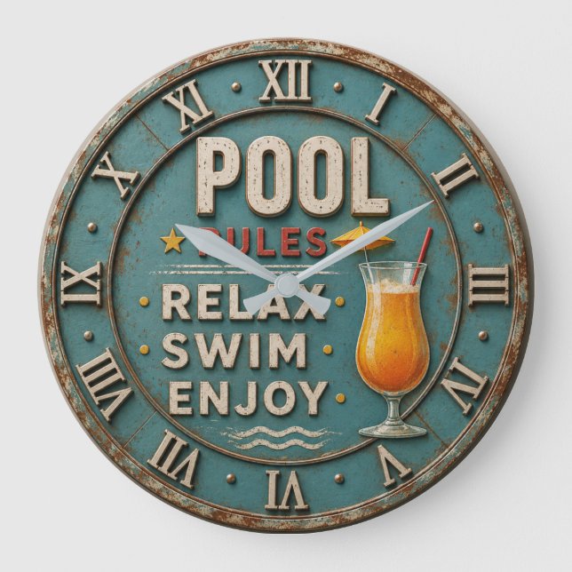 Pool Rules Swimming  Decor  Große Wanduhr (Vorderseite)