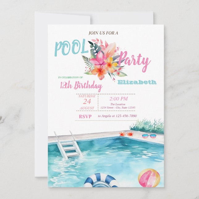 Pool Schwimmbrille Blumen Geburtstagsfeier Einladung (Vorderseite)