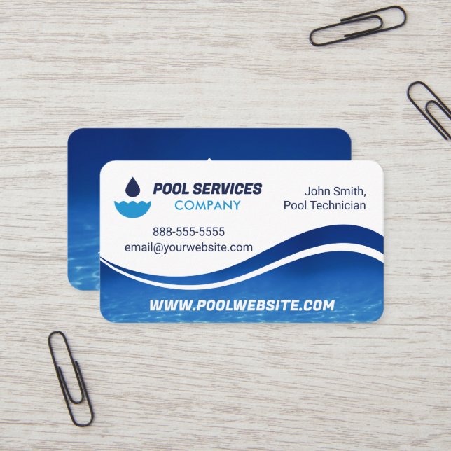 Pool Services | Blaue Wasserwelle | Schwimmbad Visitenkarte (Vorderseite/Rückseite Beispiel)