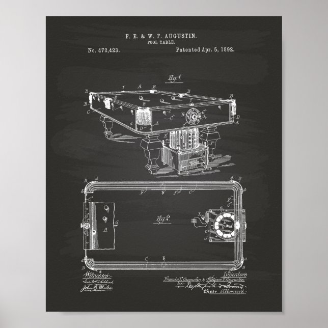 Pool Table 1892 Patent Art Chalkboard Poster (Vorne)