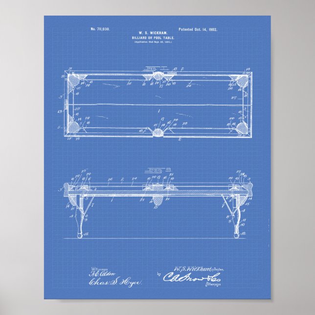 Pool Table 1902 Patent Art - Blueprint Poster (Vorne)