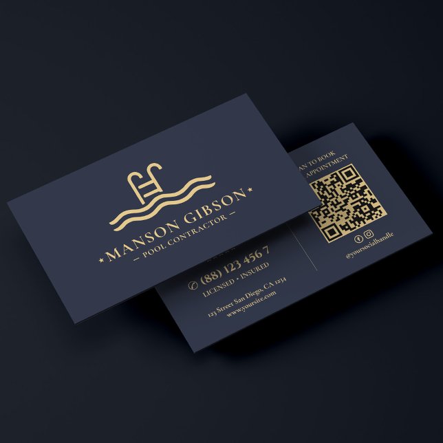 Poolbauer Dunkle Navy Moderne QR-Code Visitenkarte (Pool Contractor Dark Navy Modern QR Code Business Card
)