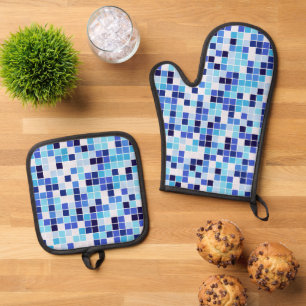 Poolfliesen, Blaue Mosaikfliesen, Geometrisches Mu Ofenhandschuh & Topflappen-Set