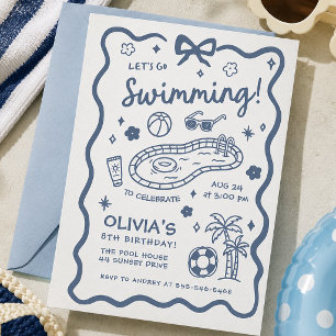 Poolparty Blau Retro Minimalistischer Geburtstag Einladung