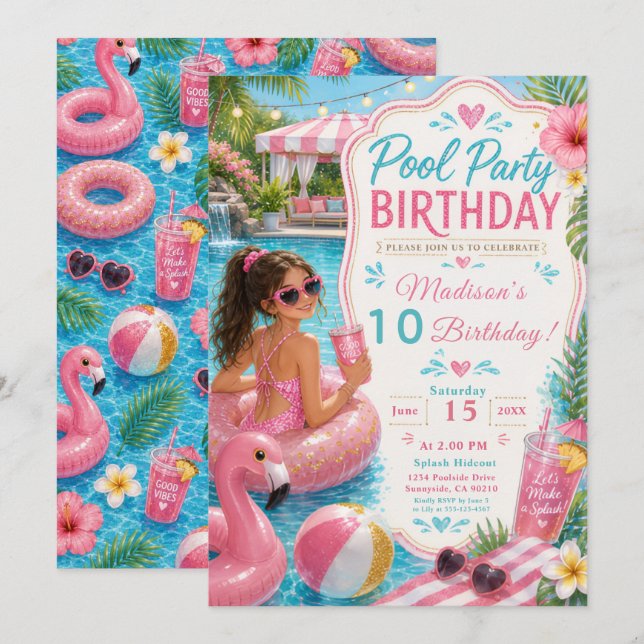 Poolparty-Geburtstag Einladung (Vorne/Hinten)