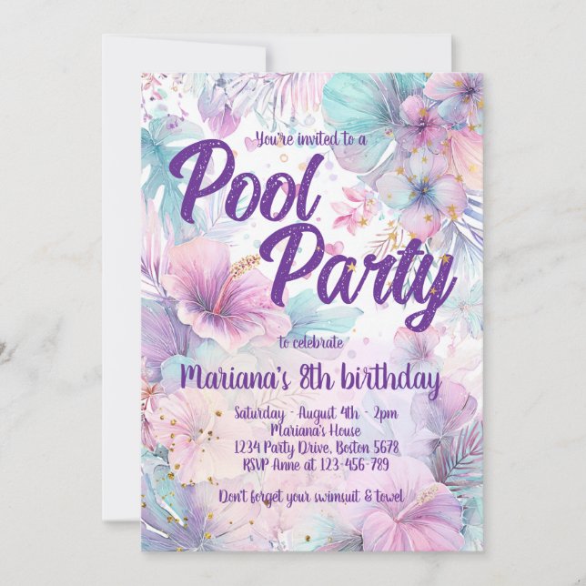 Poolparty Geburtstag Rosa Mädchenhaft Poolparty Einladung (Vorderseite)