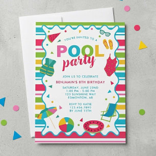 Poolparty-Geburtstagsfeier für Kinder Bunt Sommer Einladung