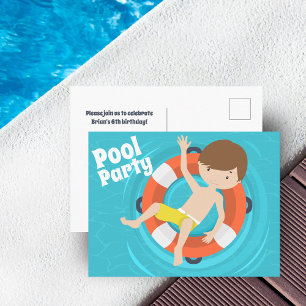 Poolparty-Junge Schwimmkinder Geburtstagseinladung Postkarte