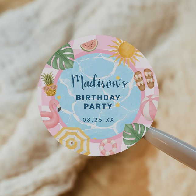Poolparty-Sommer-Mädchen-Geburtstag Runder Aufkleber (Von Creator hochgeladen)