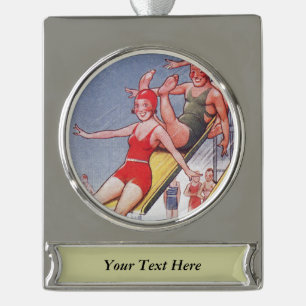 Poolparty Vintage Schwimmen Sommer Banner-Ornament Silber