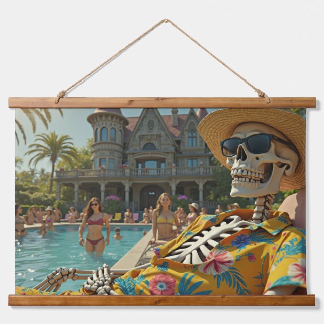 Poolside Skeleton Wandteppich Mit Holzrahmen (Vorne)